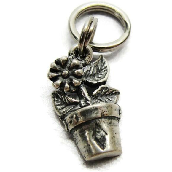 Jewelry - 925 Flower Pot Signed "UP" Sterling Silver Pendant Charm Patina Vintage